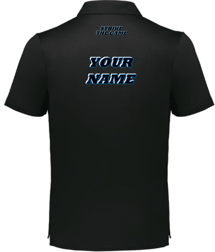 Men's Black Polo - blue Blk-Wht logo-motto - back side.png