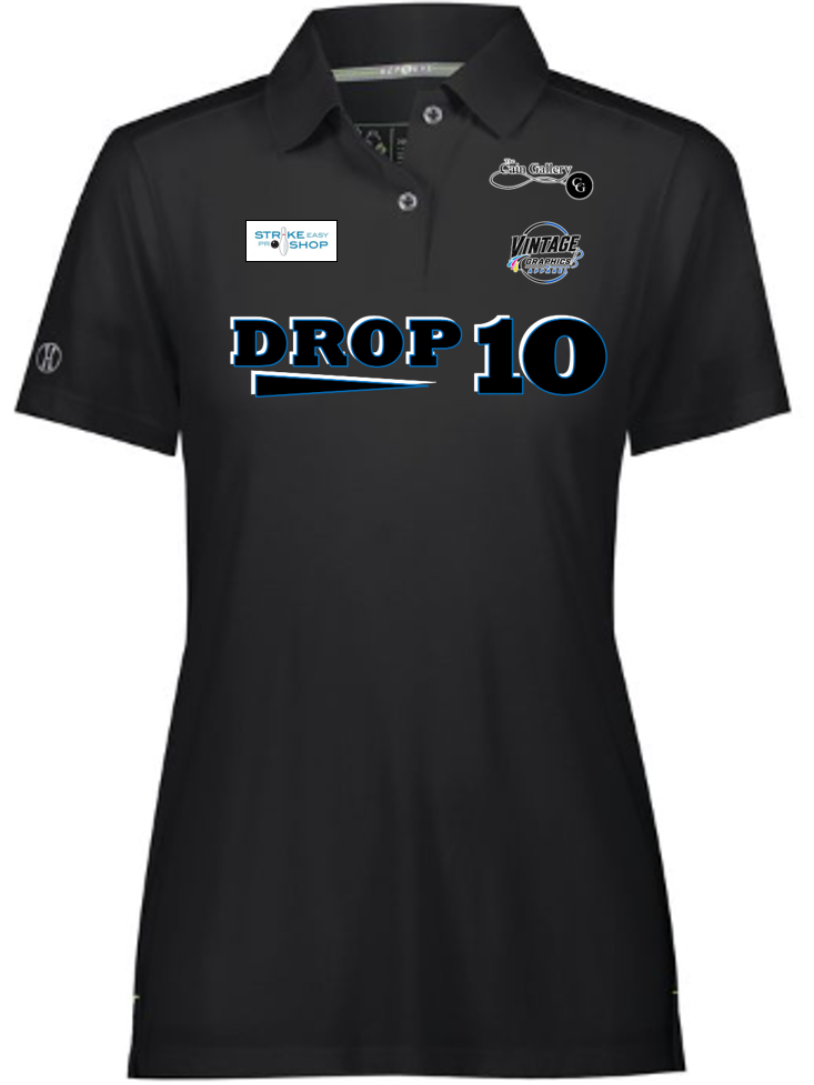 Ladies Black Polo - BLUE Black-White logo-motto - Front Side.png
