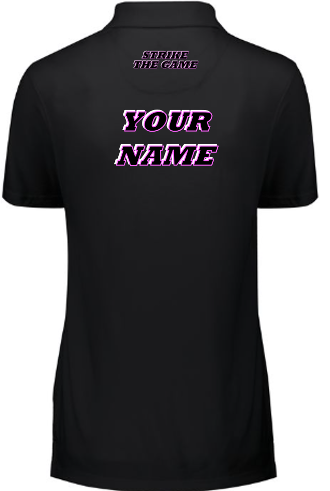 Ladies Black Polo - PINK Black-White logo-motto - Back Side.png