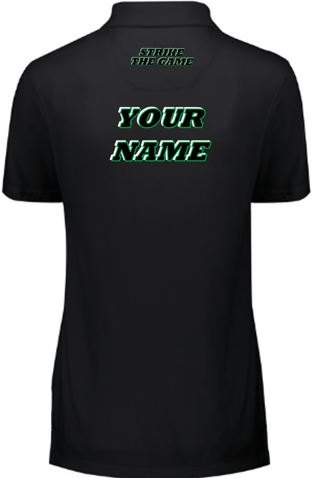 Ladies Black Polo - GREEN Black-White logo-motto - Back Side.png