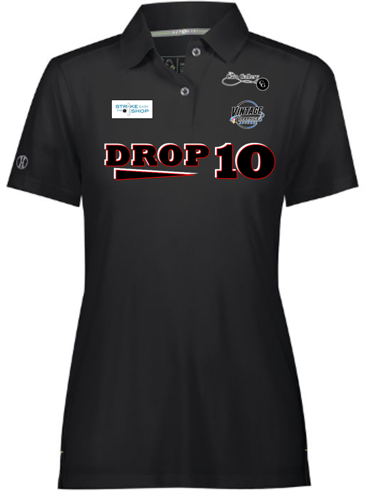 Ladies Black Polo - RED- Black-White logo-motto - Front Side.png