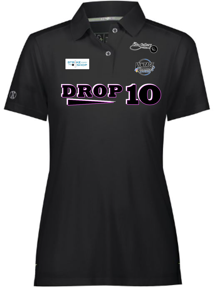 Ladies Black Polo - PINK Black-White logo-motto - Front Side.png