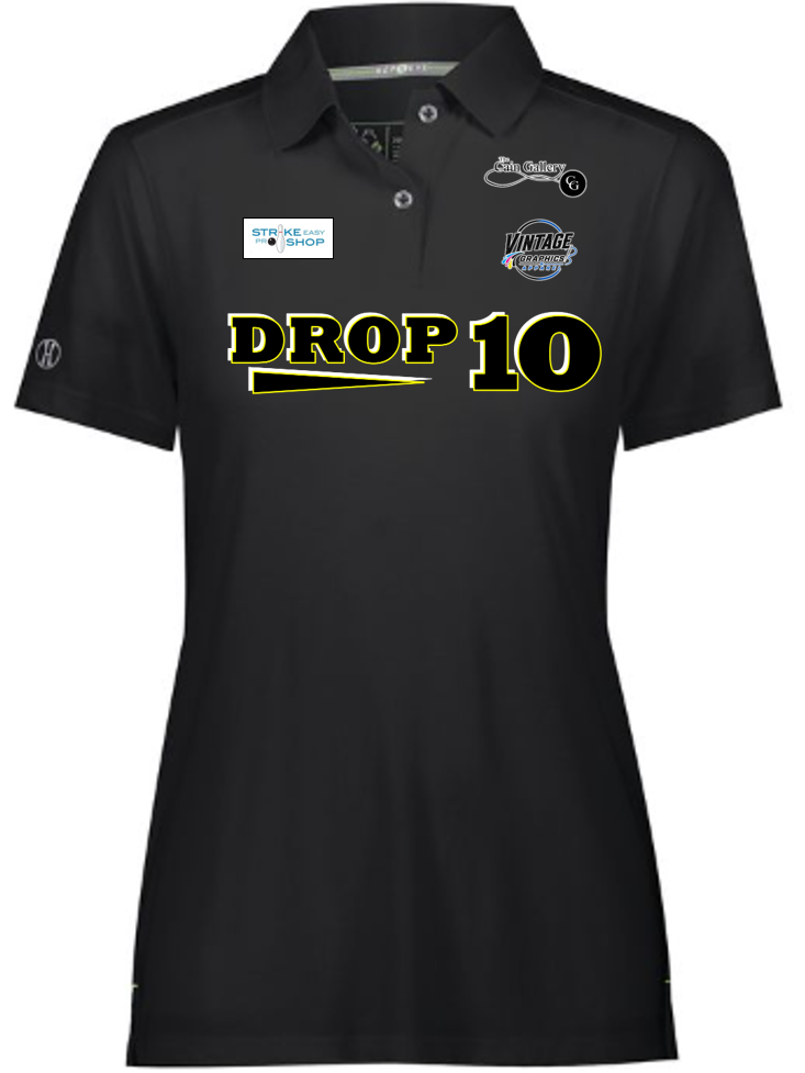 Ladies Black Polo - YELLOW Black-White logo-motto - Front Side.png