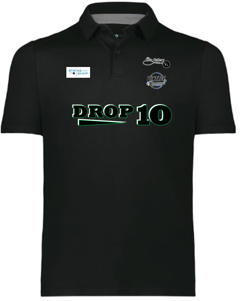 Men's Black Polo - GREEN- Blk-Wht logo-motto - front side.png