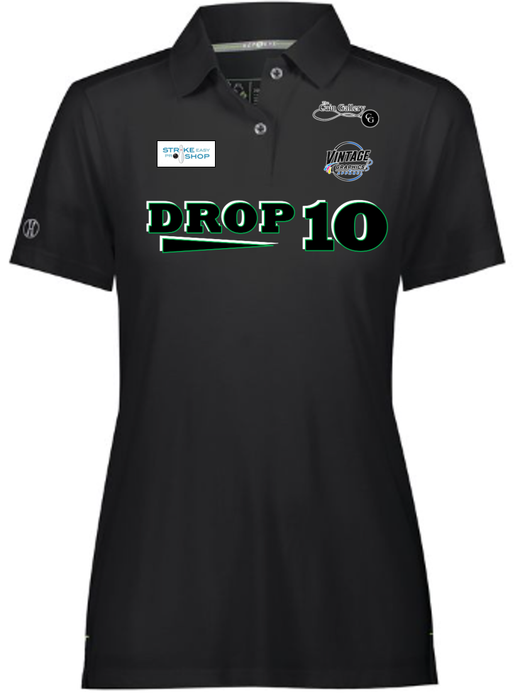 Ladies Black Polo - GREEN Black-White logo-motto - Front Side.png