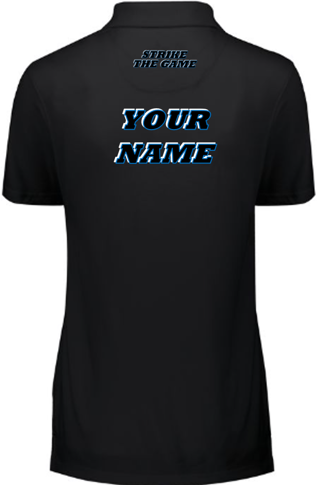 Ladies Black Polo - BLUE Black-White logo-motto - Back Side.png