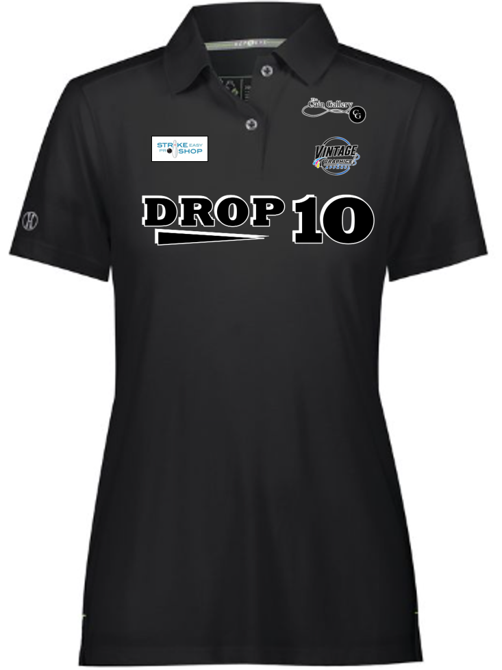 Ladies Black Polo - Black-White logo-motto - Front Side.png