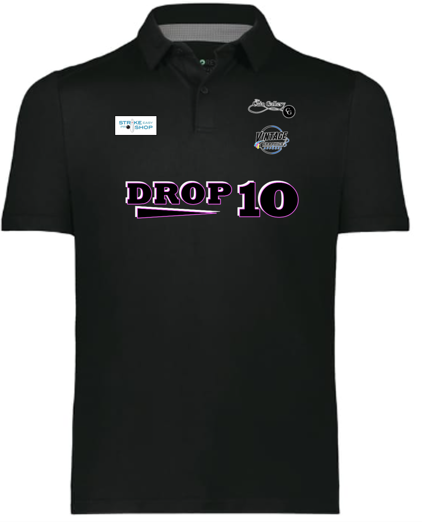 Men's Black Polo - PINK- Blk-Wht logo-motto - front side.png