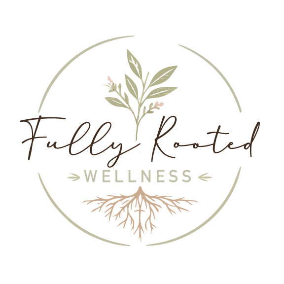 A logo for Fully Rooted Wellness featuring a plant with roots and leaves, with the text 'Fully Rooted Wellness' in a circular design.