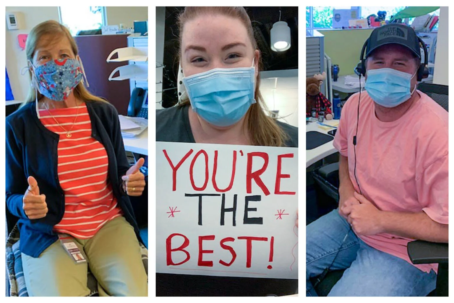 Three Scentsy HomeOffice team members. The woman on the left gives a thumbs-up, the woman in the center holds a sign that says 'You're the best!', and the man on the right is seated at a desk with headphones. All three are smiling behind their masks.