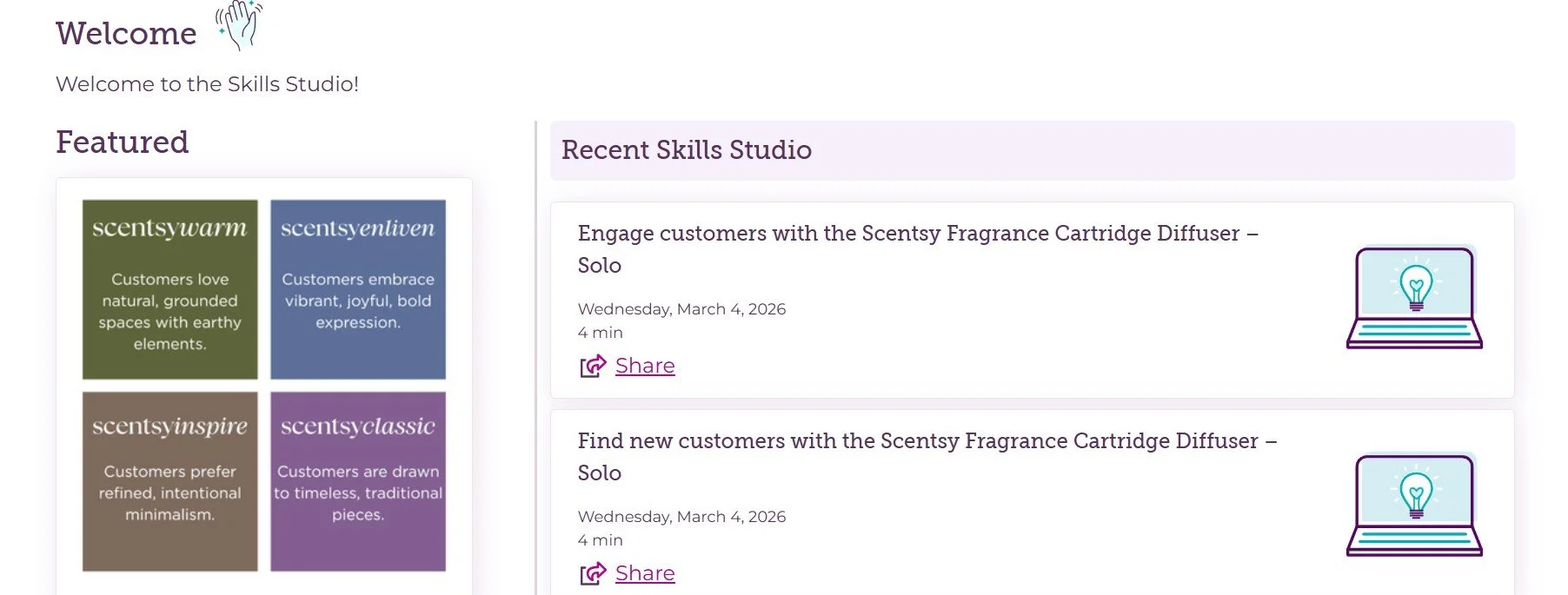 Scentsy Skills Studio photo showing some of the available training offered to consultants.