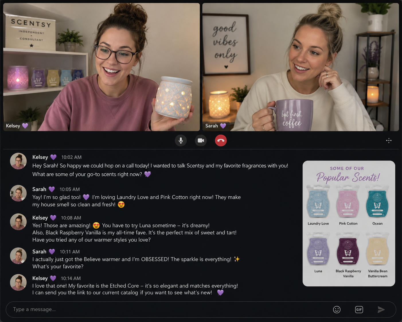 Two women are on a video call, each holding a candle or mug. One woman is holding a small Scentsy warmer, and the other is holding a purple mug that says 'but first, coffee'. On the right side, a list of scents and their descriptions is visible.