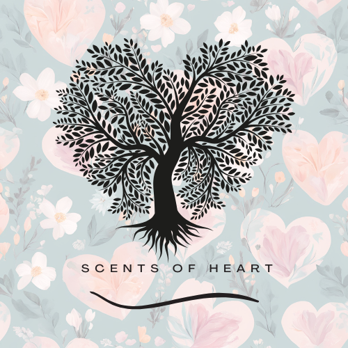 A black tree with intricate leaf patterns against a pastel floral background with hearts, and the text 'Scents of Heart' underneath.