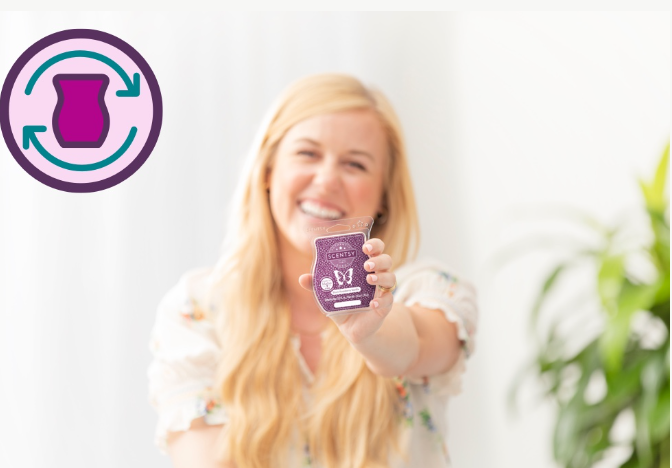 A smiling woman holding a purple wax bar with Scentsy icons, with an "Always Get My Bar" symbol in the top left corner.