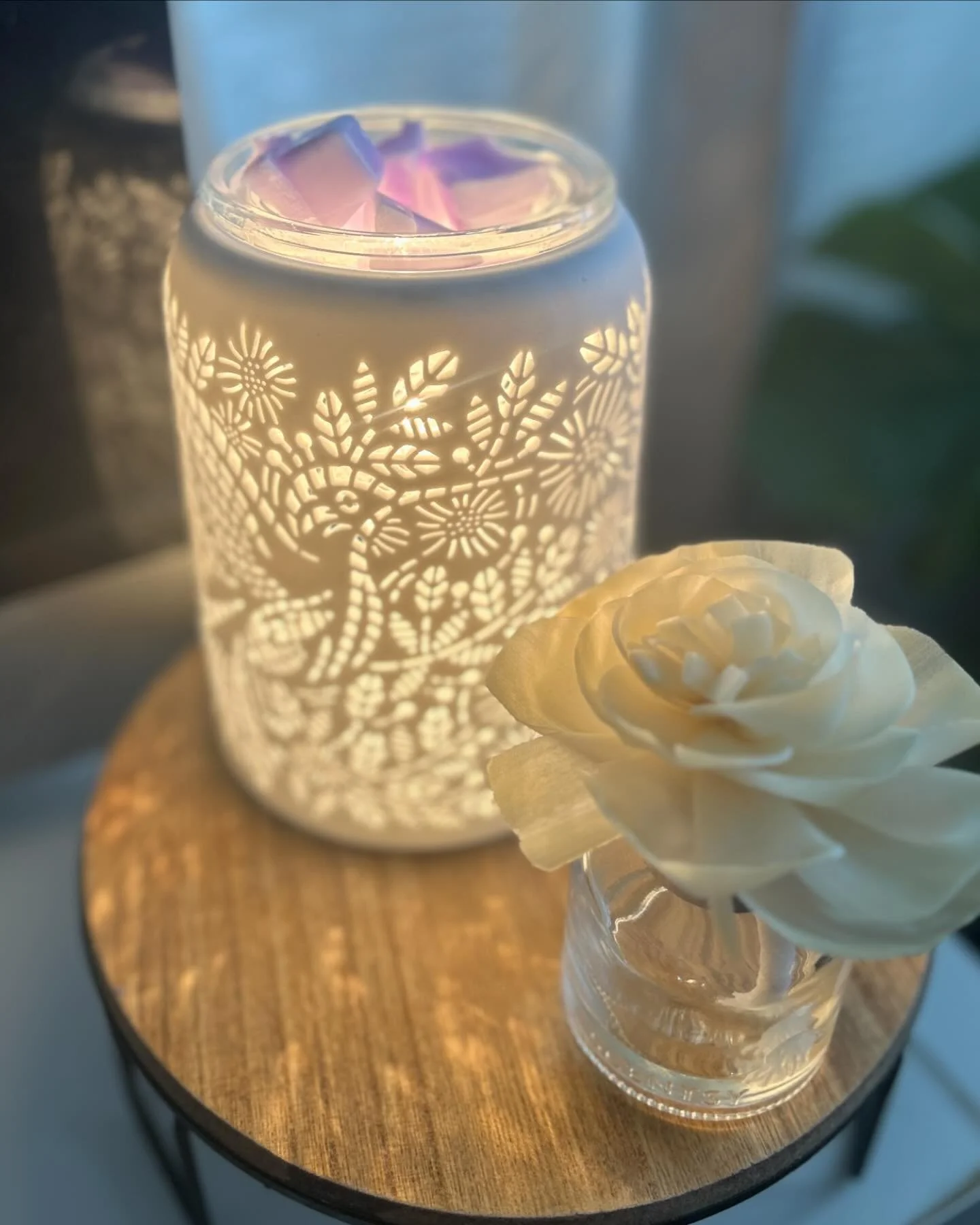 Scentsy's Etched Hummingbird Warmer, lit from within, casting a warm glow. It is an intricate laser-cut pattern depicts a graceful hummingbird mid-flight. Notches A white Fragrance Flower sits next to it to complete the vignette.