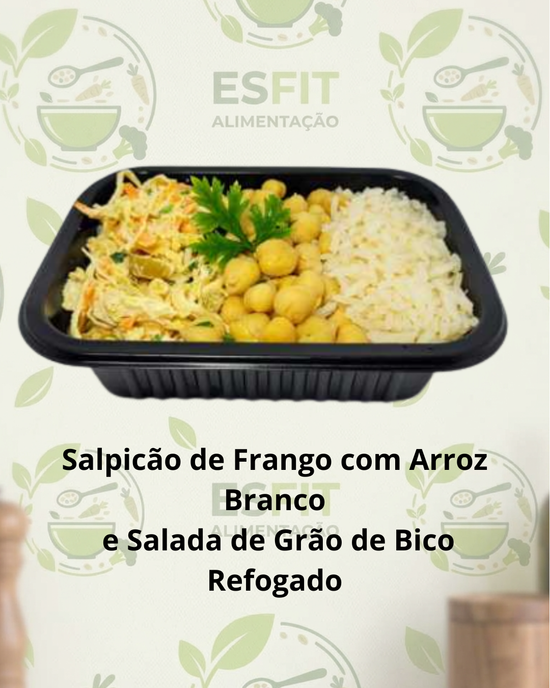 Salpicão de Frango com Arroz Branco  e Salada de Grão de Bico Refogado