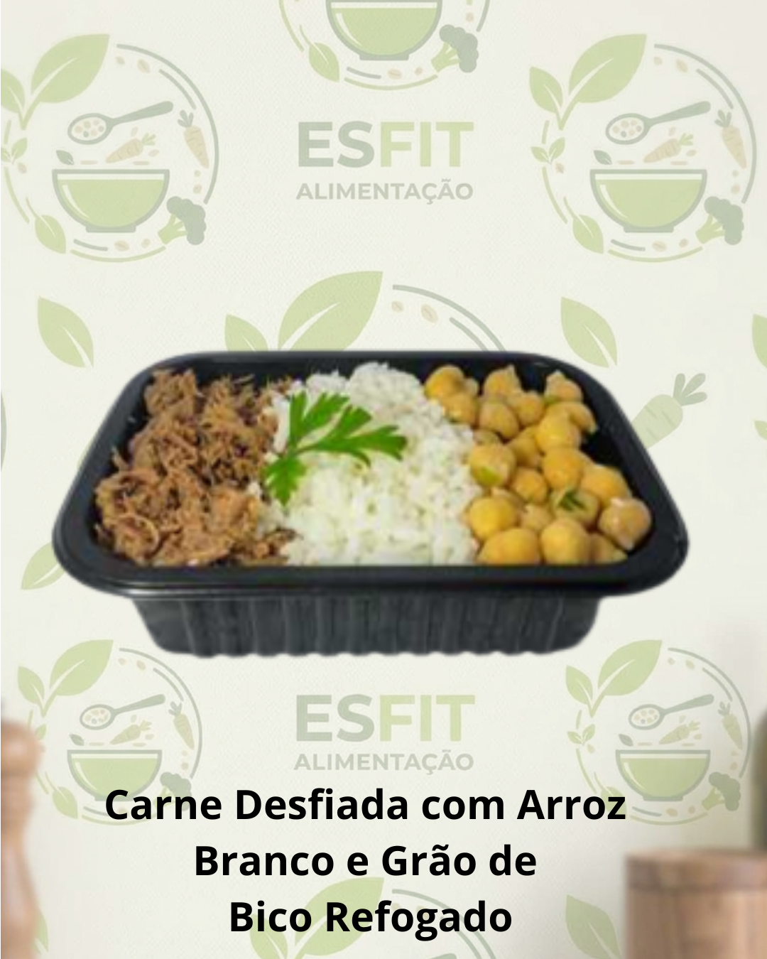 Carne Desfiada com Arroz Branco e Grão de   Bico Refogado