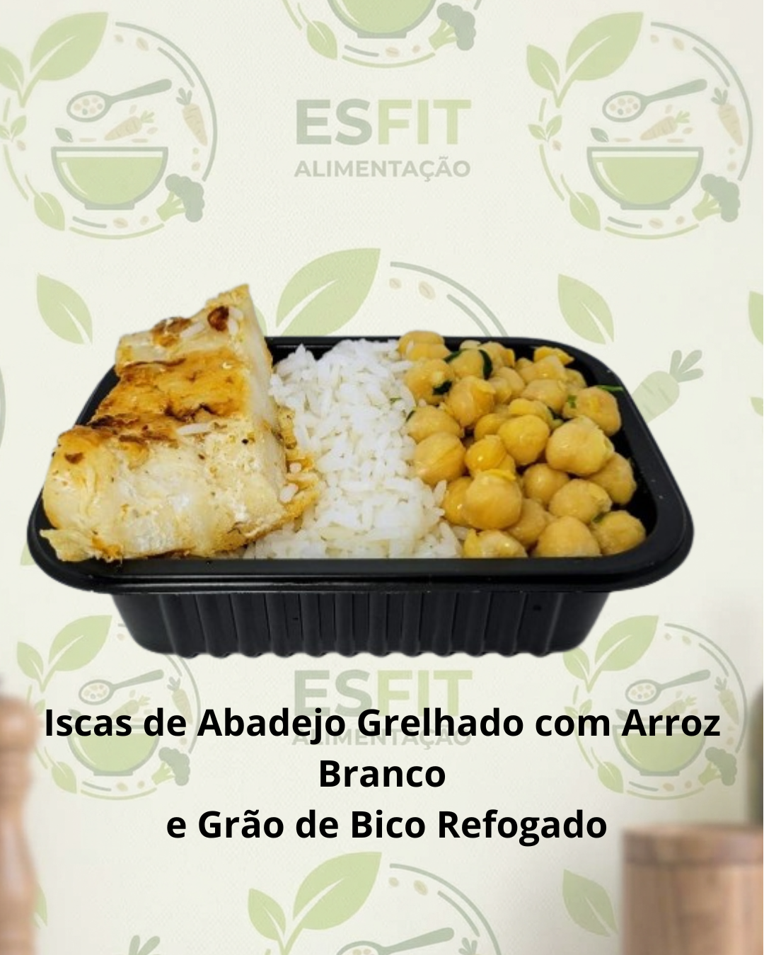 Iscas de Abadejo Grelhado com Arroz Branco  e Grão de Bico Refogado