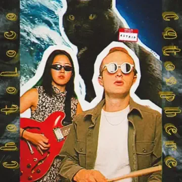 Two women with a cat and a view of Earth from space, with text reading 'Gosh! Is that a cat?'