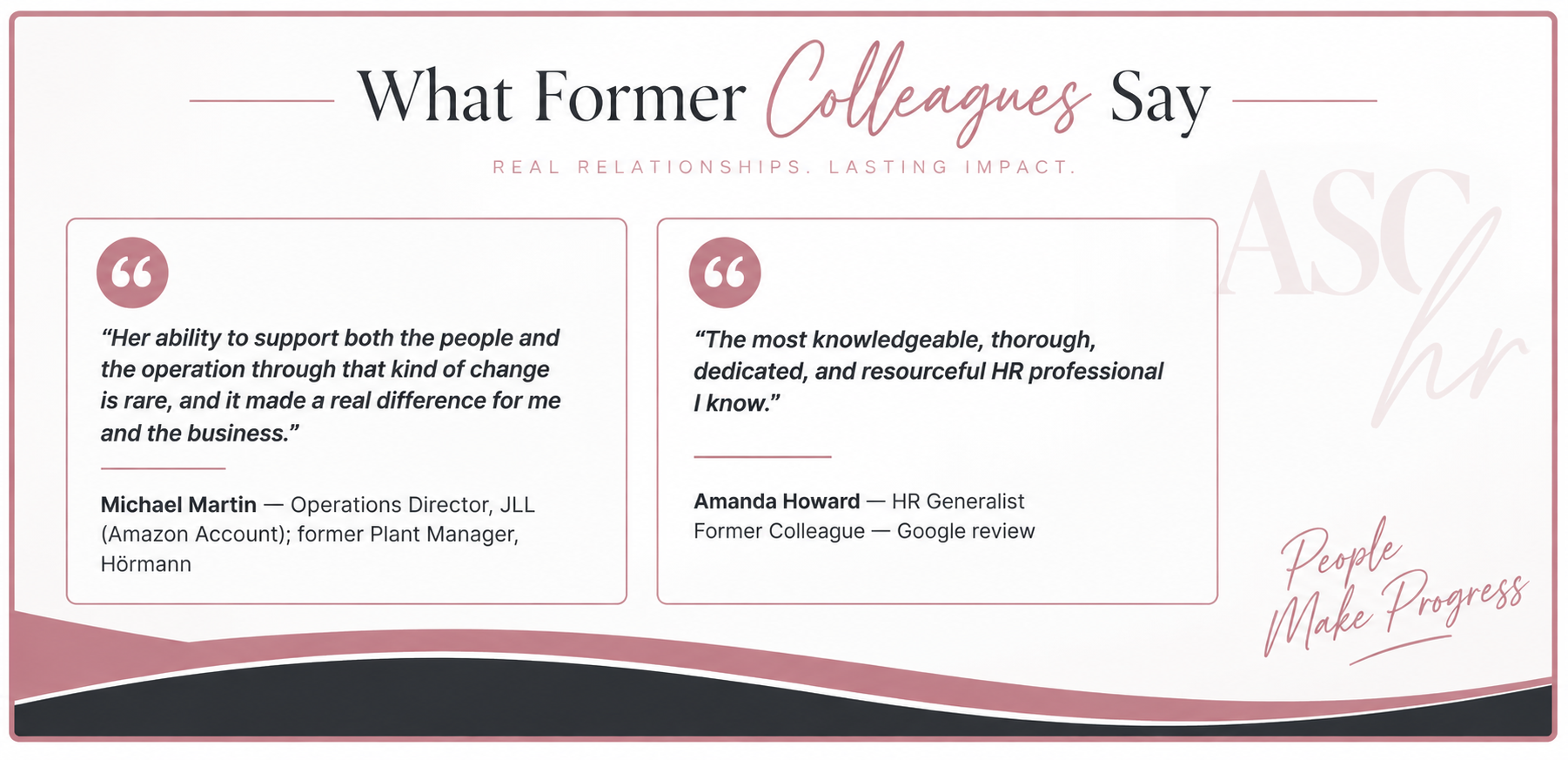 Client testimonials for ASC hr LLC HR consulting: Michael Martin, Operations Director at JLL, and Amanda Howard, HR Generalist, share reviews praising Shannon Dury's HR expertise and mentorship