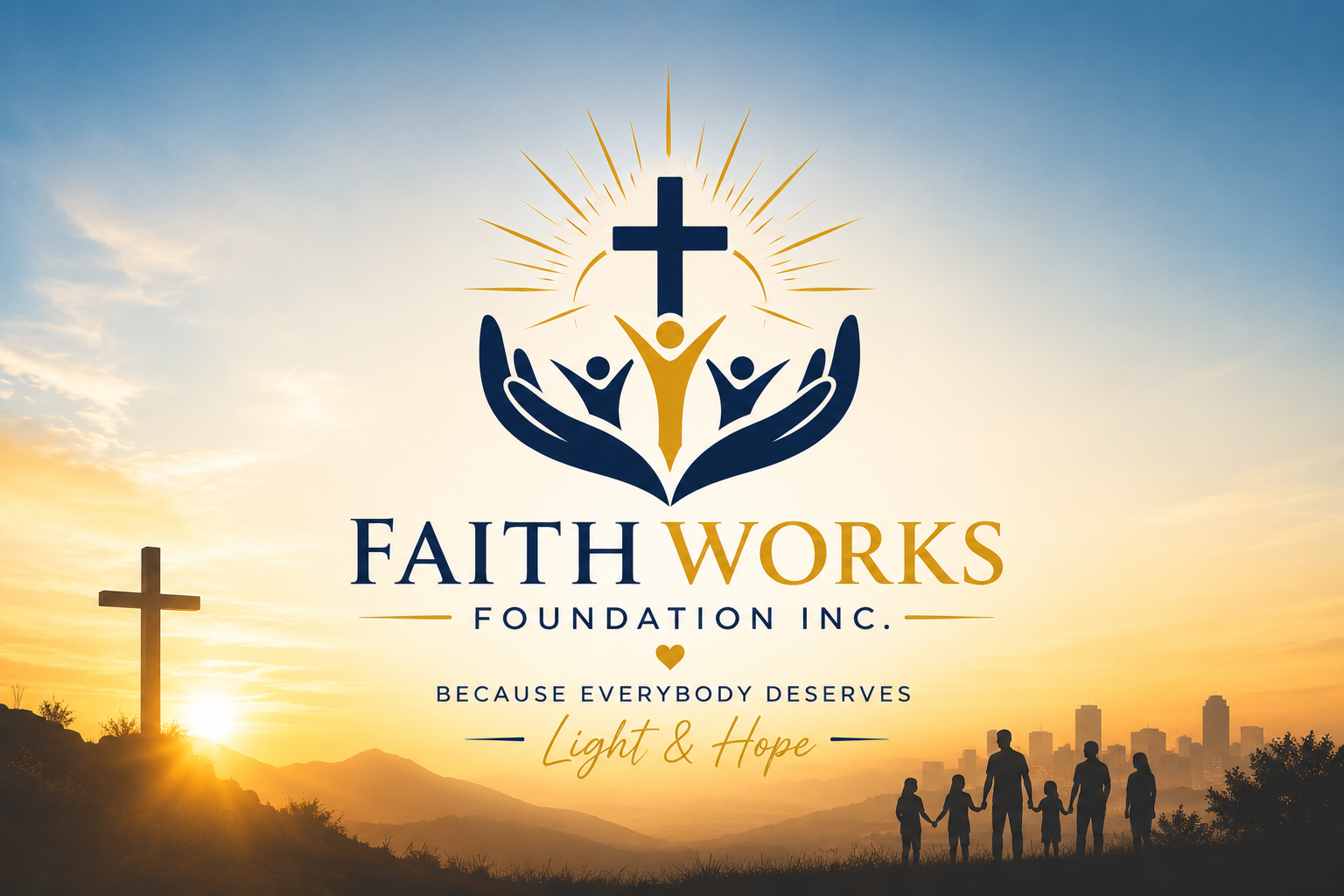 Sunset over a hill with a large cross, and a silhouette of a family holding hands in the foreground. The logo of Faith Works Foundation Inc., with a cross and multiple figures, is centered. The text reads 'Faith Works Foundation Inc. - Because Everybody Deserves Light & Hope'.