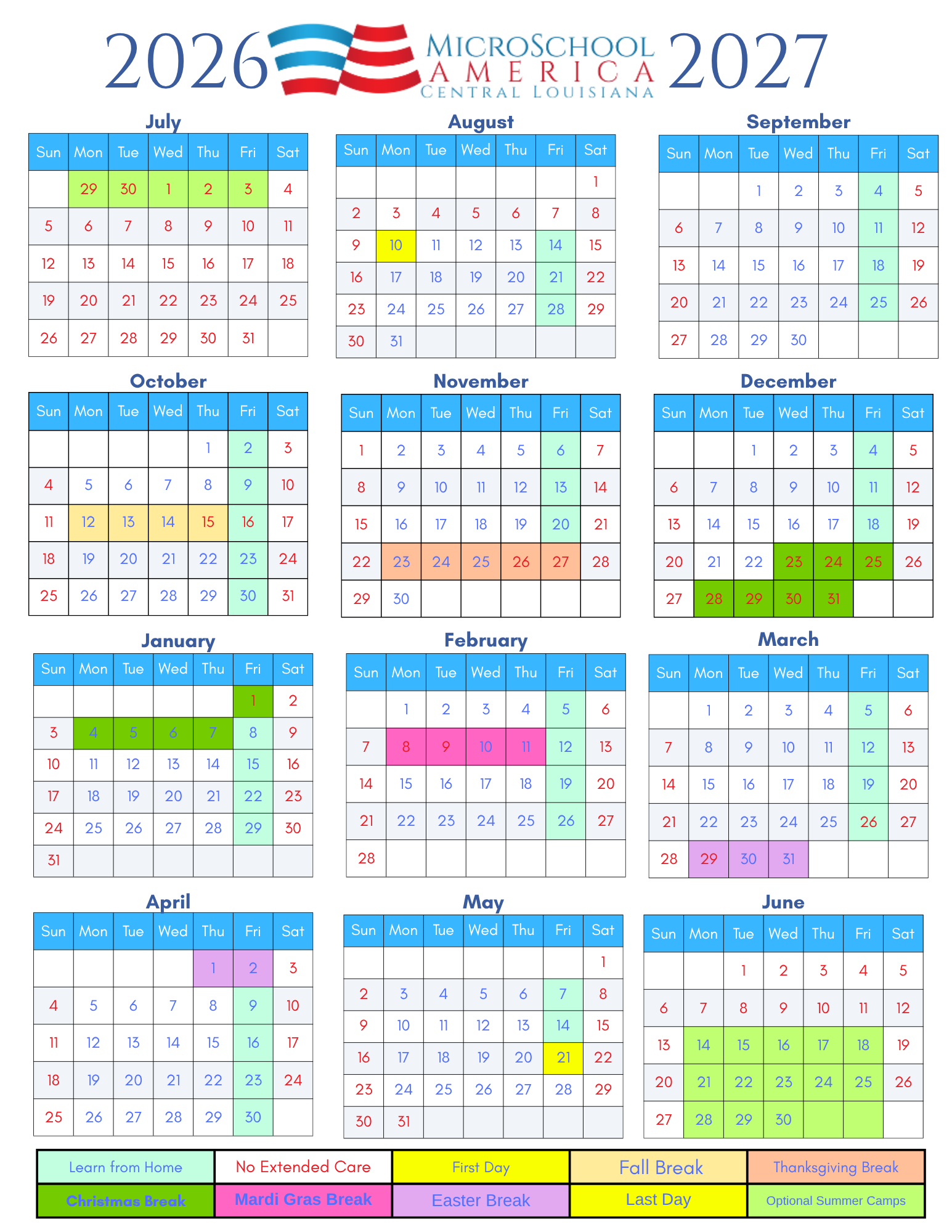 2026-2027 school year calendar for a middle school in Central Louisiana, showing months from July 2026 to June 2027, color-coded events and breaks, including learn from home, no extended care, first day, fall break, Thanksgiving break, Christmas break, Mardi Gras break, Easter break, last day, and optional summer camps.