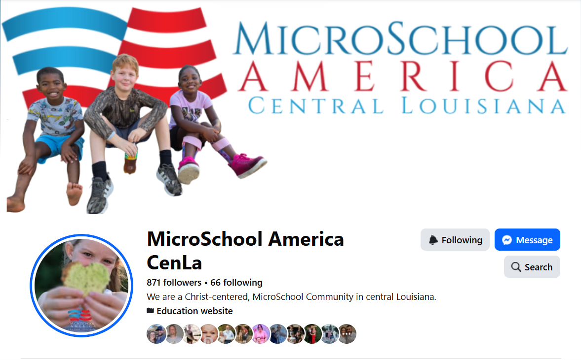 Profile cover photo for MicroSchool America CenLa featuring three children sitting in front of a stylized American flag, with the text "MicroSchool America Central Louisiana".