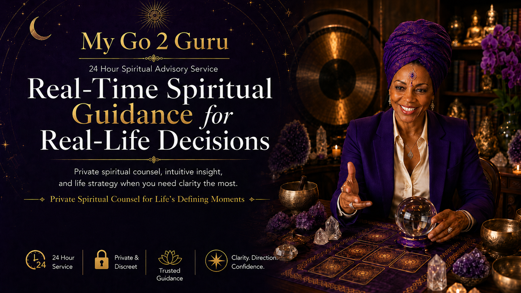 Dr. Alisha Xi Amaru of My Go 2 Guru in a luxury purple and gold spiritual advisory setting, offering real-time spiritual guidance for real-life decisions.