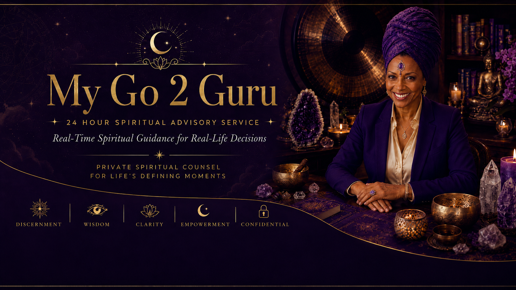 Dr. Alisha Xi Amaru of My Go 2 Guru in a luxury purple and gold spiritual advisory setting, offering real-time spiritual guidance for real-life decisions.