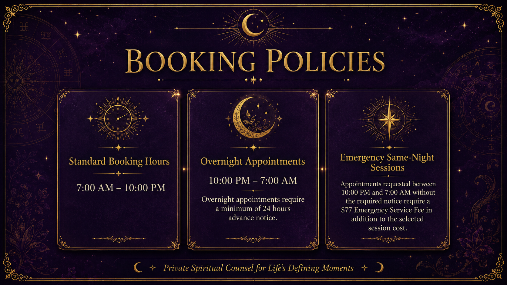 Booking Policies section for My Go 2 Guru showing standard booking hours, overnight appointments, and emergency same-night session fee infor