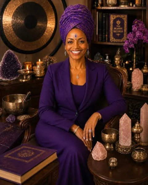 Dr. Alisha Xi Amaru of My Go 2 Guru in a purple headwrap and blazer, seated in a luxury spiritual advisory setting with candles, crystals, oracle cards, and gold accents.