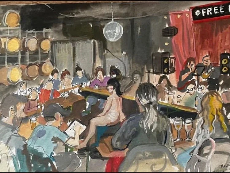 A lively bar scene with musicians performing on stage, people sitting at tables with drinks, and a disco ball hanging from the ceiling. There's a red curtain in the background and a sign that says 'FREE'.