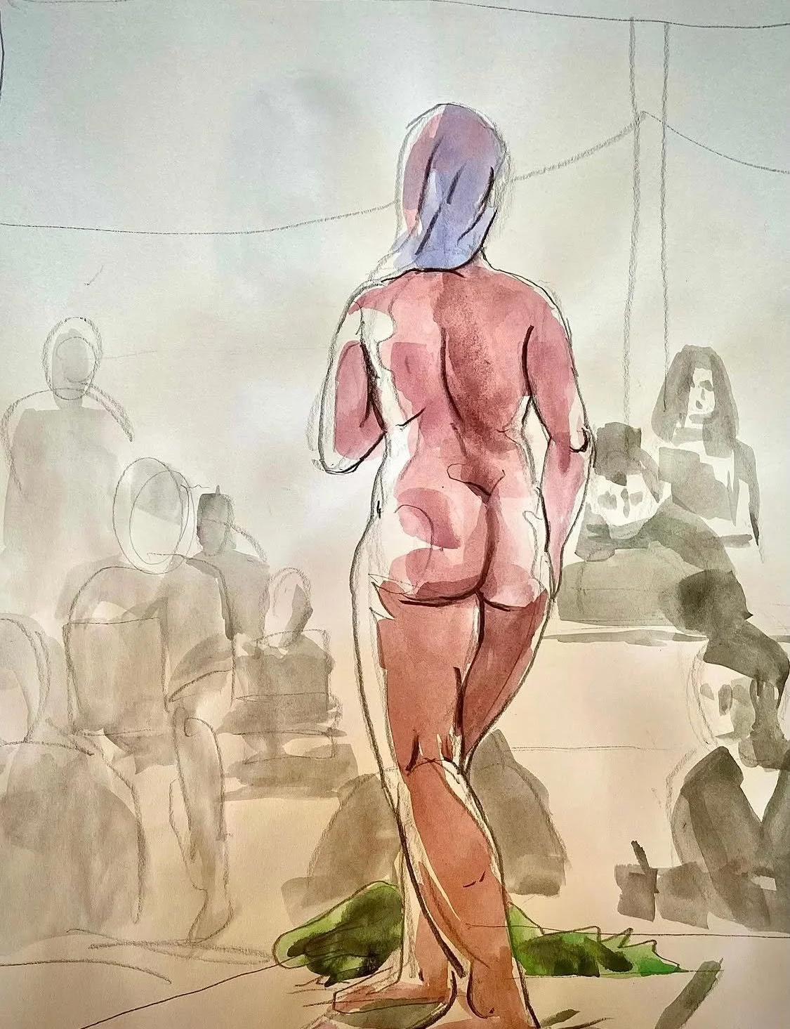 A watercolor sketch of a nude woman with long hair, walking on a green cloth, viewed from the back, in an art class or studio setting.
