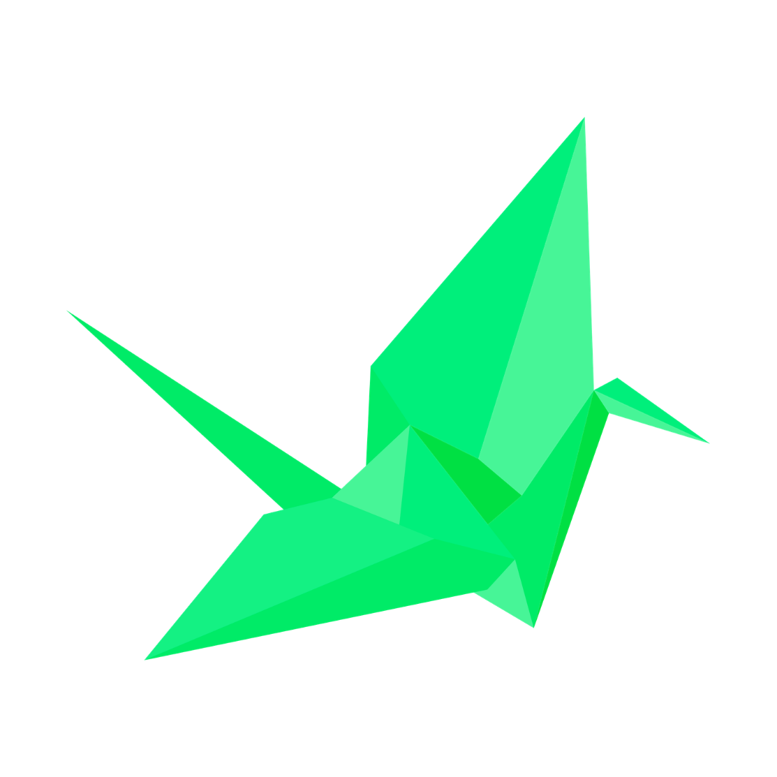 A bright green, geometric origami crane with multiple sharp angular folds, set against a black background.