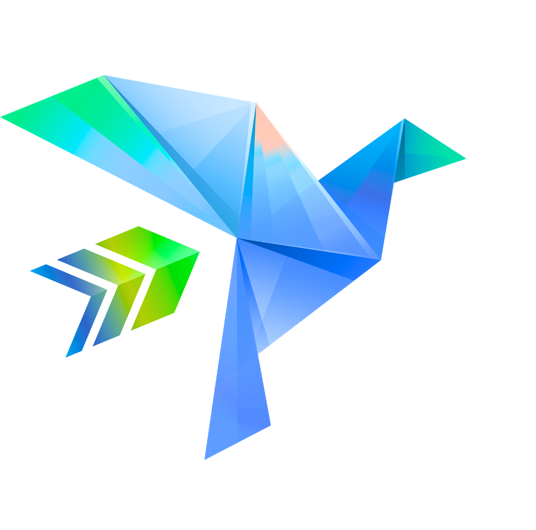 Abstract digital artwork featuring colorful triangular shapes and geometric patterns with a mix of blue, green, and white colors.