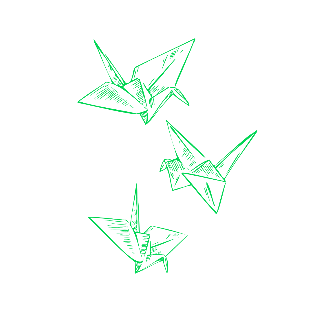 Line drawing of three origami cranes in green, flying in front of a black and white background.