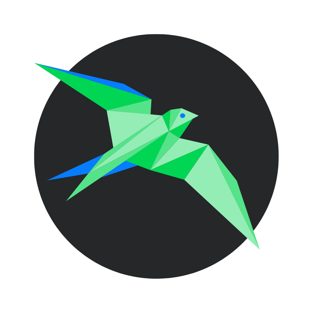 Digital, fully colored origami illustration of a hummingbird with green, blue, and light green shades, flying against a dark gray circular background.
