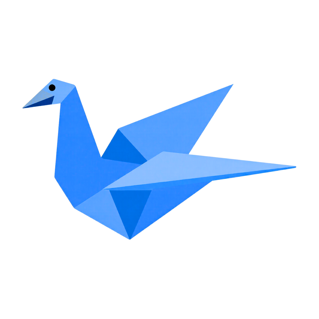 Blue origami-style paper bird with a white tail and a black eye.
