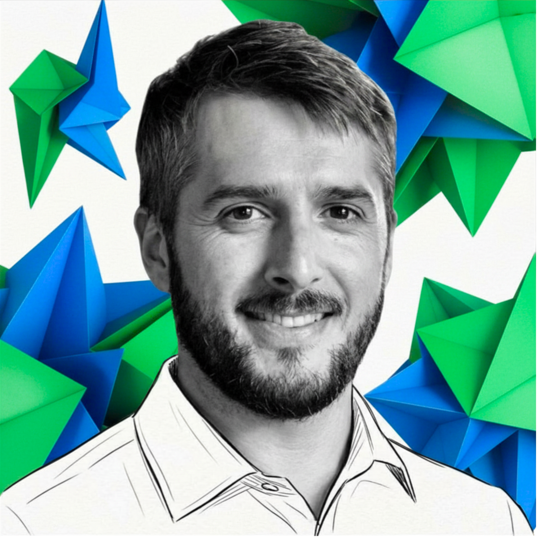 Black and white illustrated portrait of ILSSON's founder, Martin Ilievski, wearing a collared shirt, surrounded by colorful geometric shapes in blue and green.