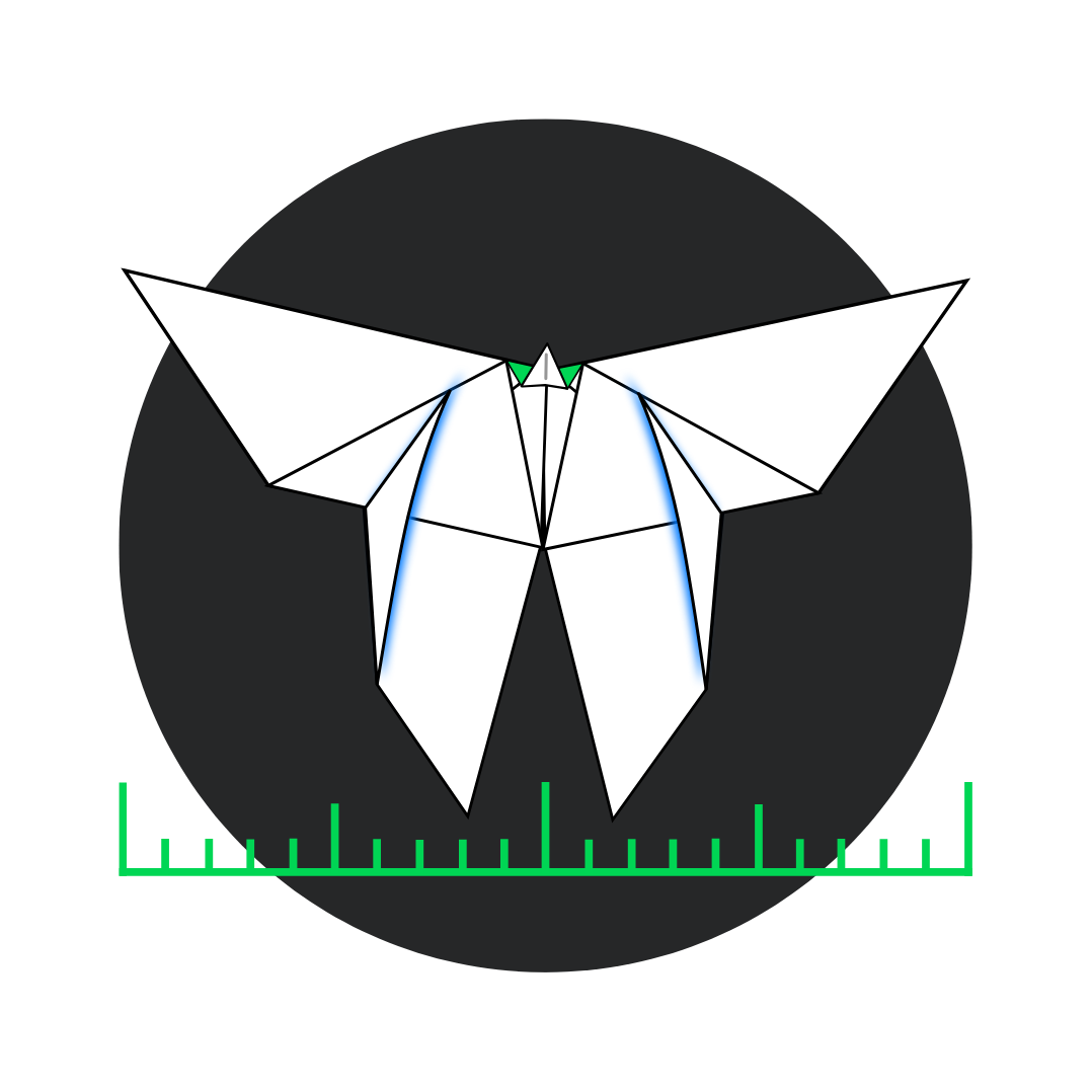 Illustration of a geometric origami butterfly with white, black, and green accents against a black circle background, include measuring scale with green markings.