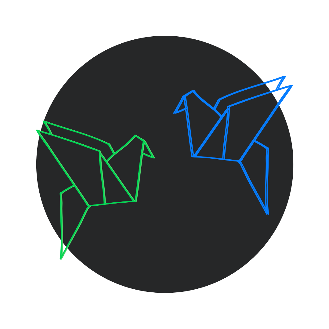 Neon art of two origami cranes, one in green and one in blue, against a black background with a circular gray highlight.