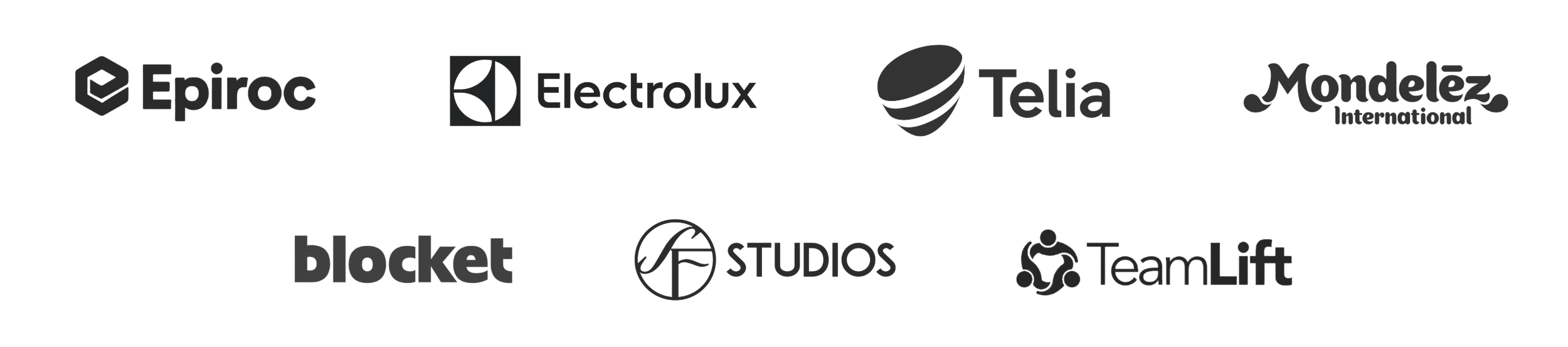 Logos of various companies arranged horizontally, including Epiroc, Electrolux, Telia, Mondelez International, Blocket, SF Studios, and TeamLift.