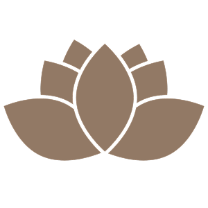 Simple graphic of a stylized brown lotus flower with multiple petals against a black background.