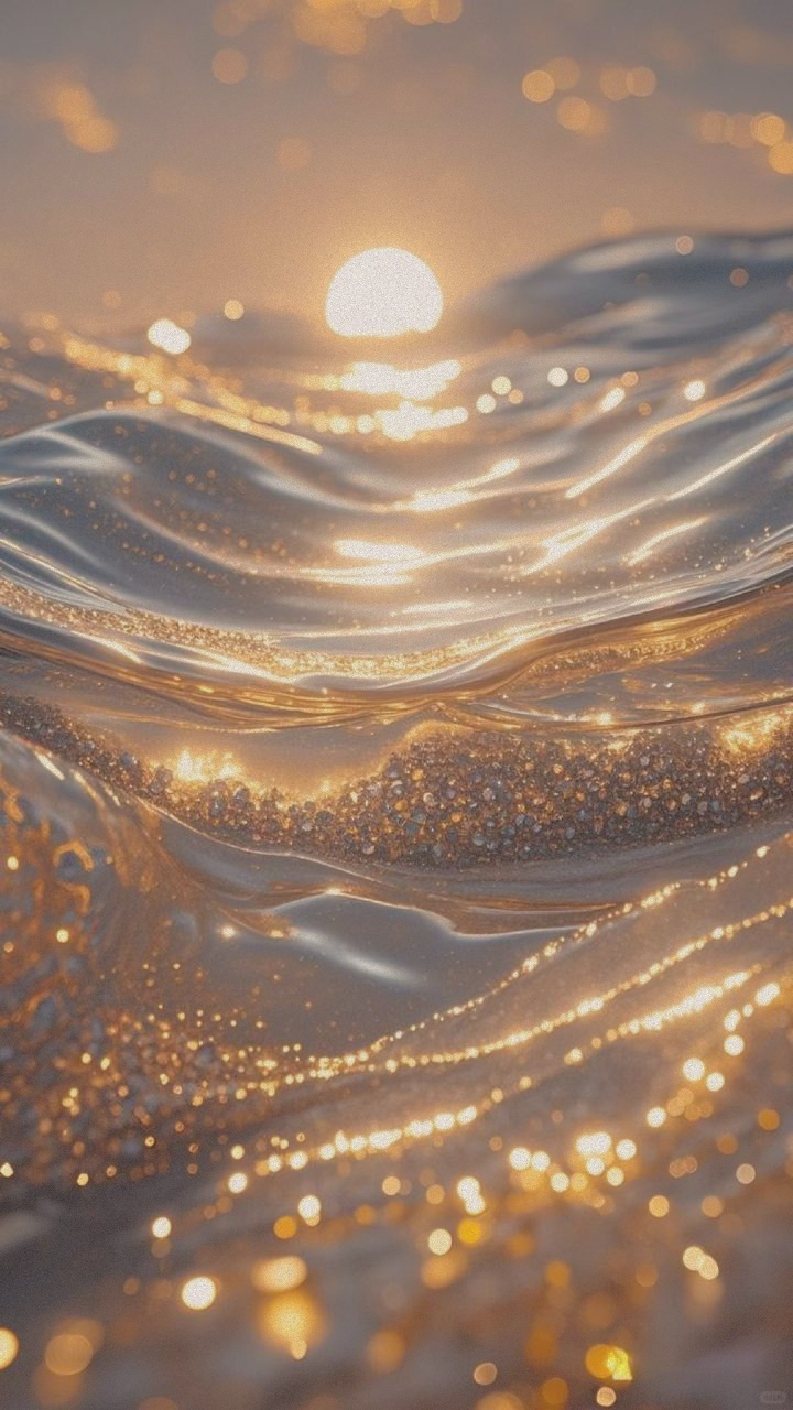 Close-up of shimmering sunlit ocean waves at sunset with golden sparkles on the water surface.