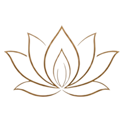 A stylized gold outline of a blooming lotus flower.