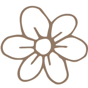 A simple, stylized flower with five petals and a central circular area, outlined in beige on a black background.