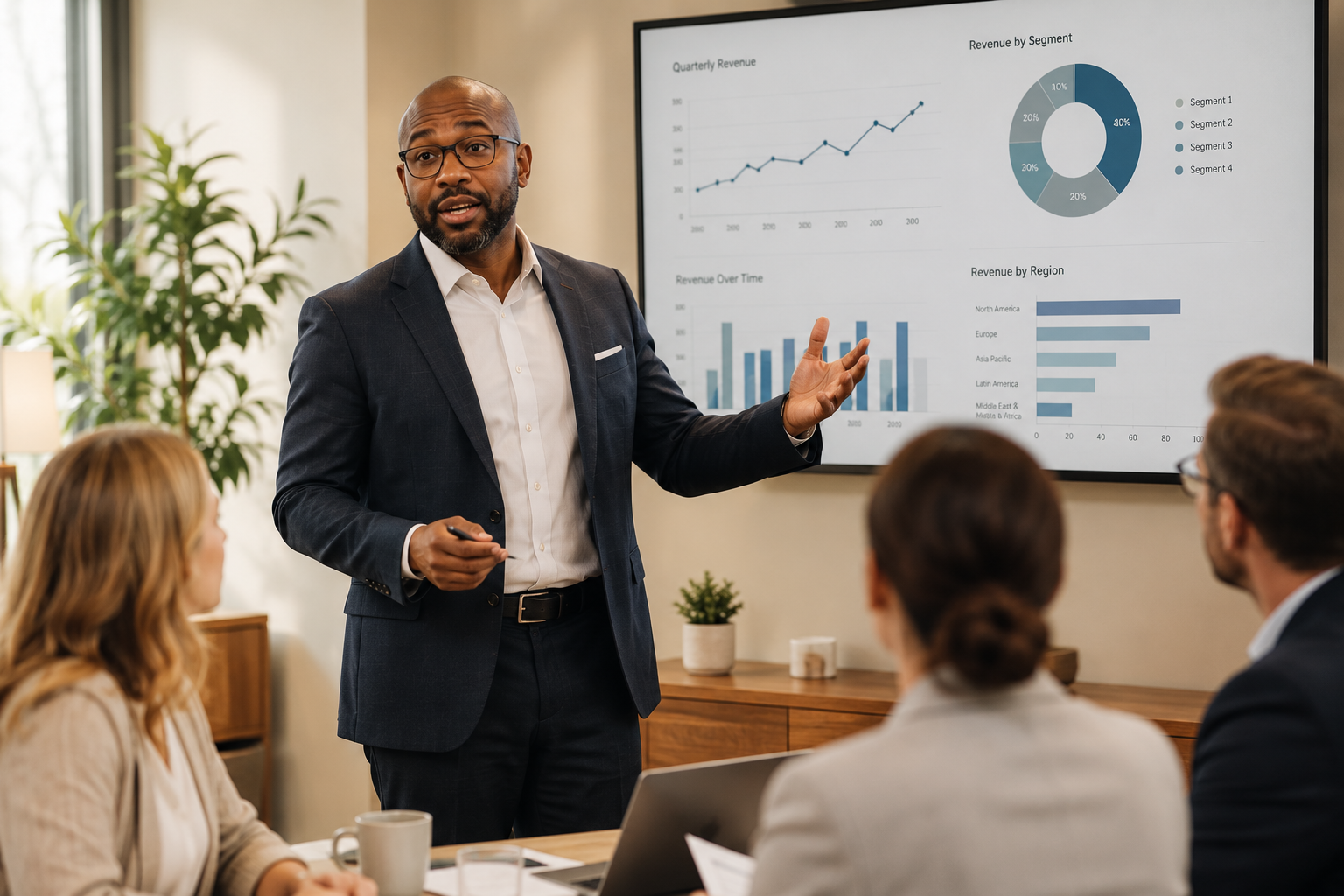 A businessman giving a presentation on financial data, including graphs and charts, to a group of colleagues in an office conference room.