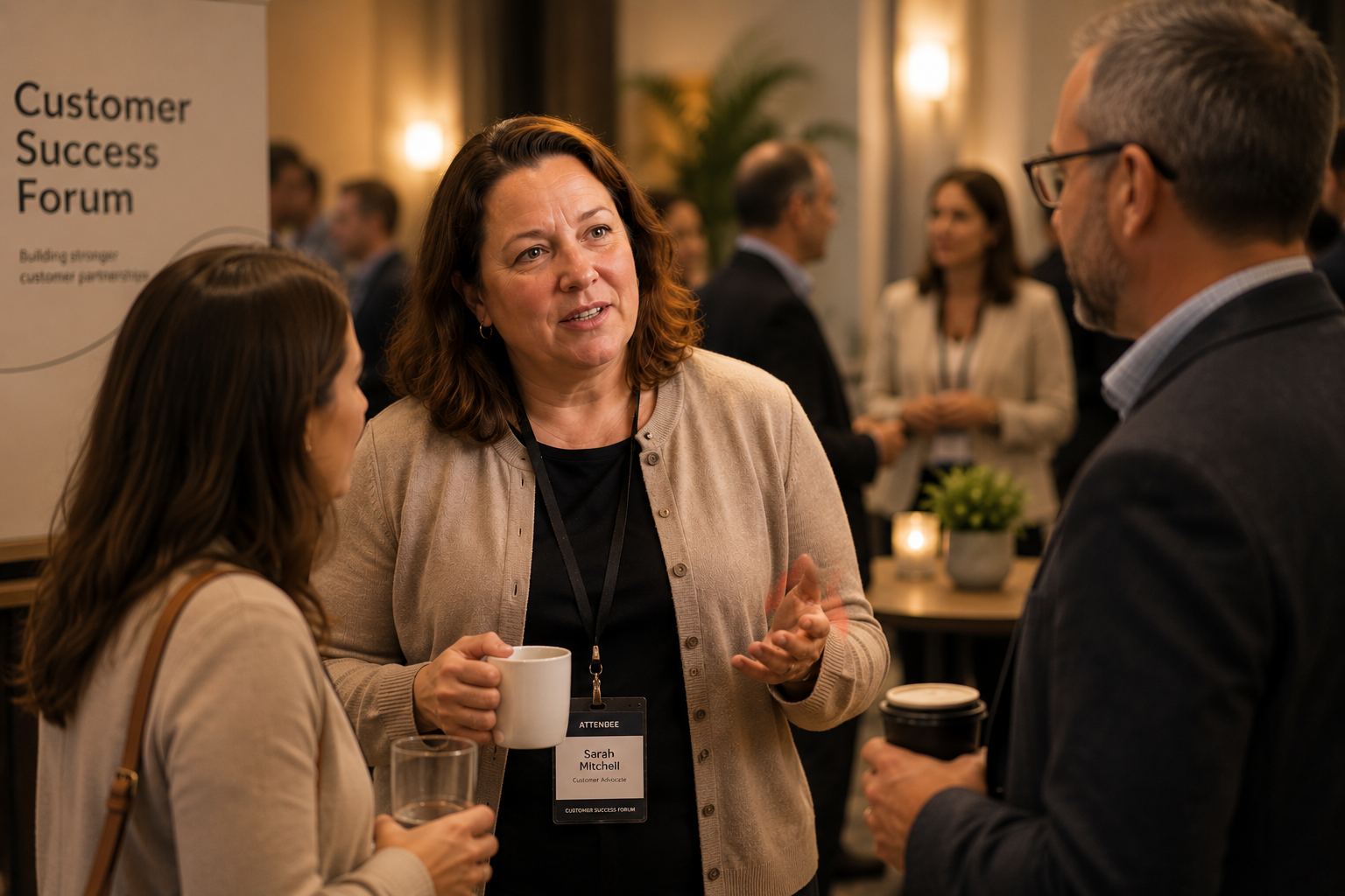 Three people conversing at a professional networking event, with a sign that reads 'Customer Success Forum' in the background.