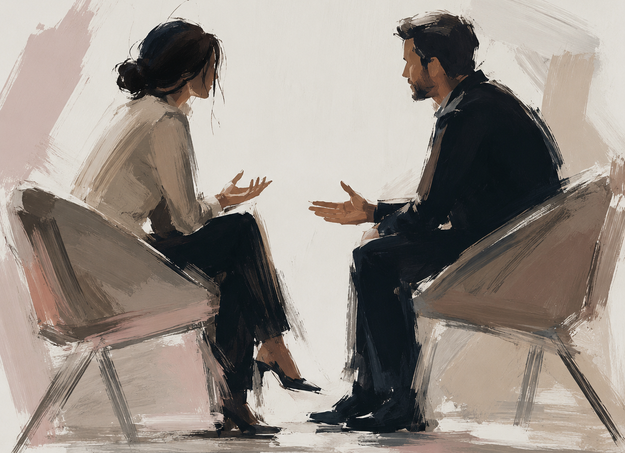 An illustration of a man and a woman sitting face-to-face on chairs, engaged in a conversation, with gesturing hands.