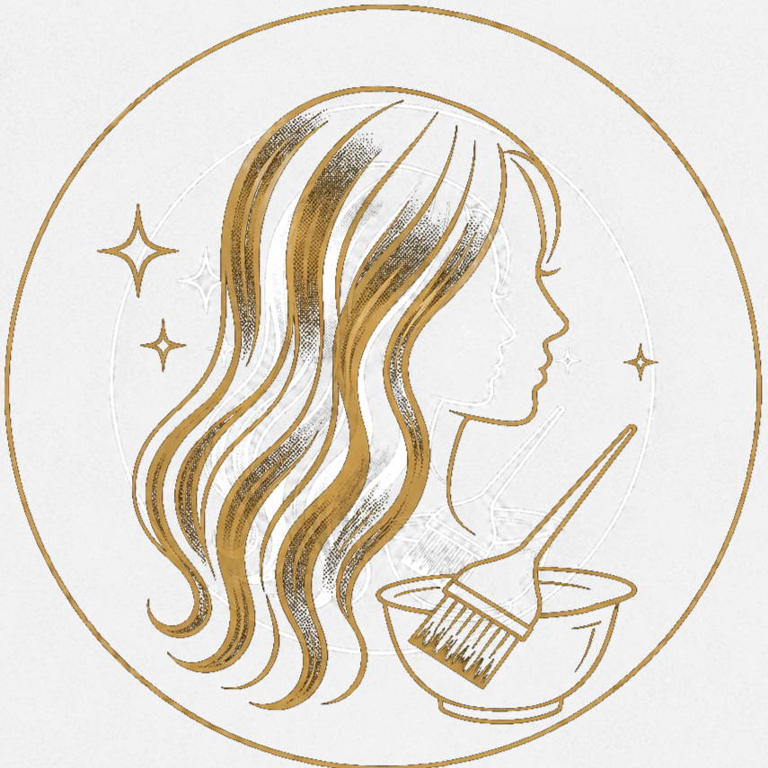Gold line art of a woman with long hair, a hair dye brush in a bowl, and star accents on a black background.